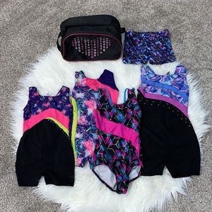 4 gymnastics leotards, shorts + gym bag 🌟